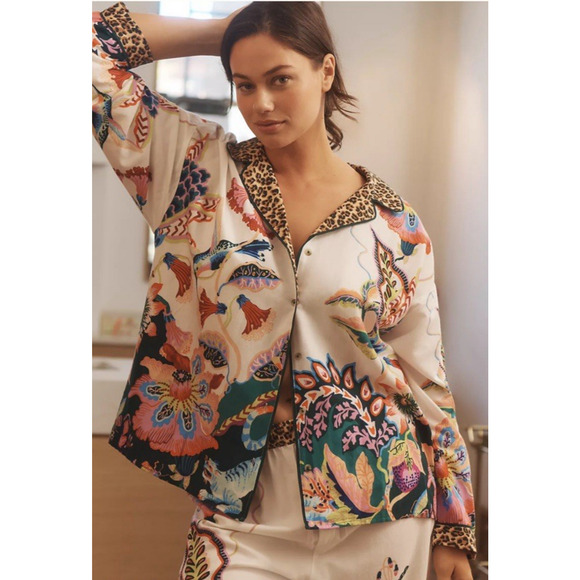 Anthropologie X Sarah Gordon Flannel Pajama Top Size Small Floral Humming Bird - Picture 1 of 16